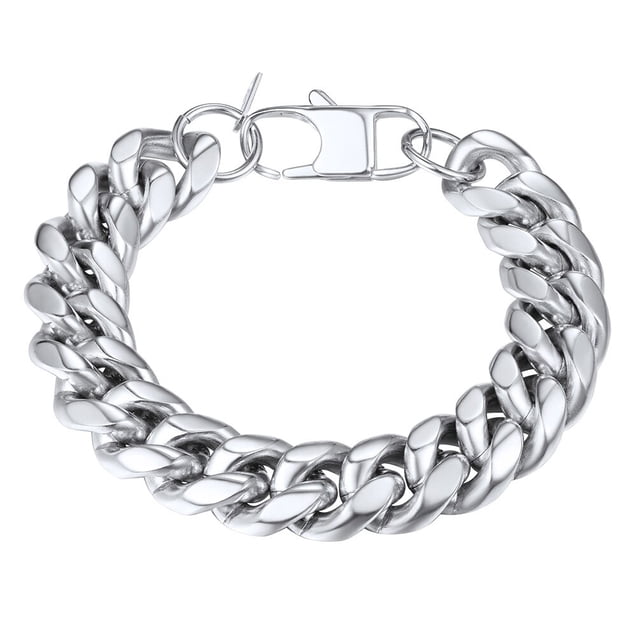 PROSTEEL Eslabón Cubano de Plata de 14 MM de Ancho de Acero Inoxidable Cadena Pulseras Punk para Hombre Mujer Joyería Regalo, 19de Longitud