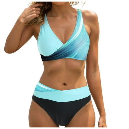 GEWSEY High Waisted Bikini Sets Womens Cheeky Two Piece Swimsuit V Neck Color Block Bathing Suit Light Blue  XXL