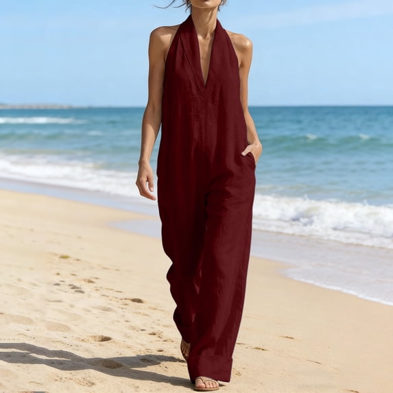 MLCDZ Womens Linen Jumpsuit Deep V-Neck Sleeveless Elegant Cozy Loose Wide Leg Pants with Pockets Casual Beach Vacation Rompers