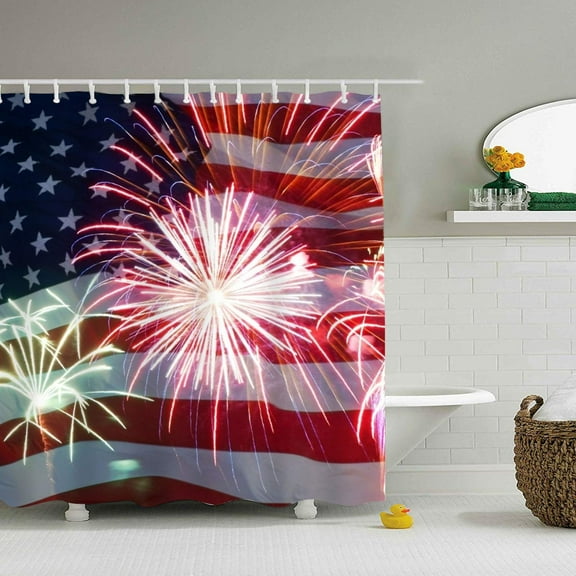 4th of July Bathroom Decor Shower Curtain Independence Day American Flag Fireworks Shower Curtain with Hooks Holiday Gift