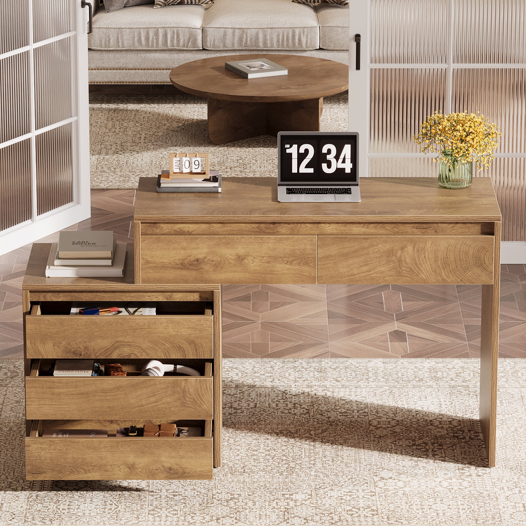 Tribesigns Home Office Computer Desk with 5 Drawers, 63" Executive Desk with 3-Drawer File Cabinet