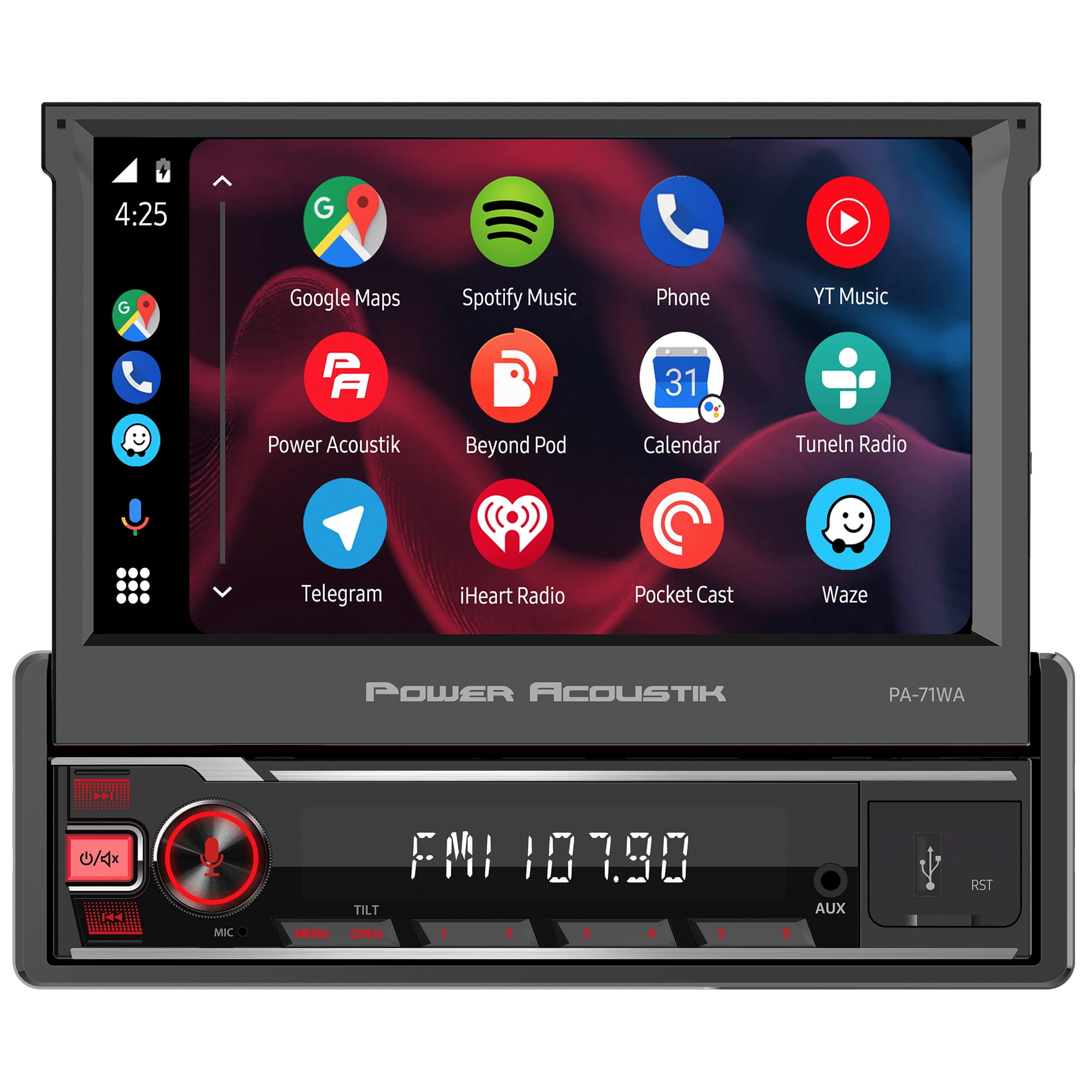 Power Acoustik PA-71WA Single DIN Car Stereo – 7” Touchscreen, Wireless Apple CarPlay & Android Auto, Bluetooth 5.0, USB Media Input, Backup Camera Ready