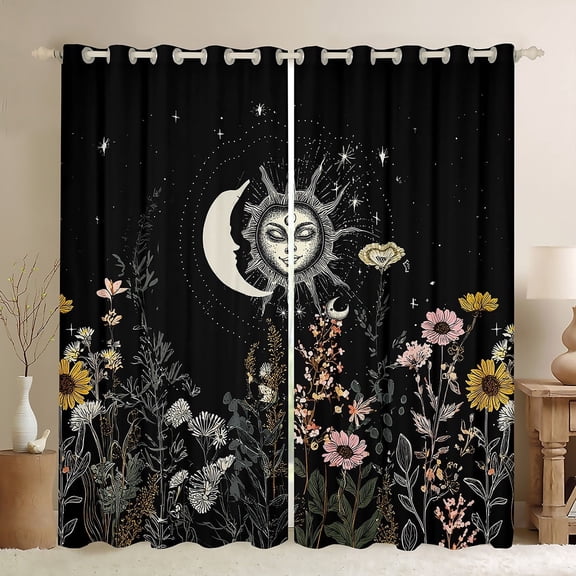 Feelyou Bohemian Moon Sun Blackout Curtains Set of 2 (52x84 Each) for Kids, Farmhouse Jungle Flower Window Curtains, Mandala Style Curtains and Drapes, Blackout Curtains Home Decor