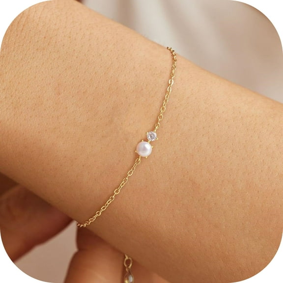 Turandoss Gold Plated Pearl Bracelets for Women Jewelry Gifts 14K Gold Plated Freshwater Cultured Pearls Bracelet Dainty Pearl Cz Women's Bracelet Wedding Bridesmaid Jewelry Gifts