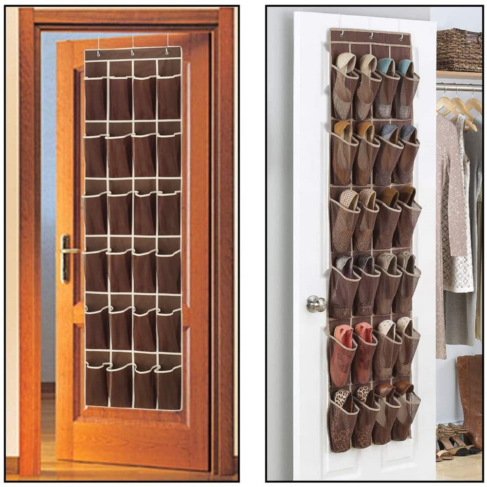 Kepooman 24 Pockets Over the Door Hanging Mesh Shoe Organizer with 3 Hooks for Closet Pantry, 59" x 21.6", Coffee
