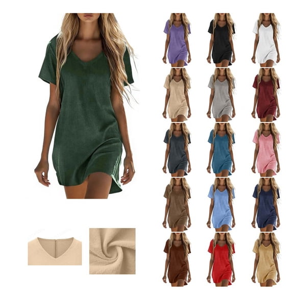 Meichang Summer Linen Dress for Women Casual Short Sleeve V Neck T Shirt Dress Women Beach Vacation Mini Dress Loose Fit Cotton Linen Dress