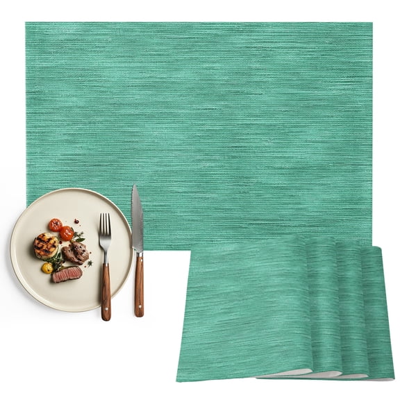 Teal Solid Color Placemats Set of 4, Minimalist Vintage Linen Texture Modern Washable Wipeable Table Mats for Dining Tables, Indoor Outdoor Kitchen Place Mats for Holiday Party Table Decor