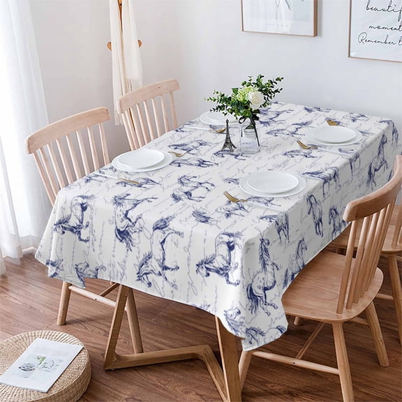 Blue Horse Tablecloth Rectangle Table Cloth 60x102 , Waterproof Tablecloth Outdoor Table Cloth, Watercolor Vintage Animals Washable Table Cover for Kitchen Dining Party