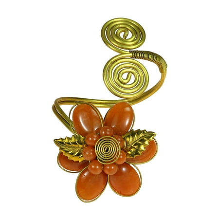 - Natural Beauty Orange Carnelian Flower & Brass Swirls Wrap Around Bracelet