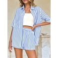 thumbnail image 3 of Two Piece Outfits for Women 2025 Striped Shirt & Shorts Set Light Blue L, 3 of 5