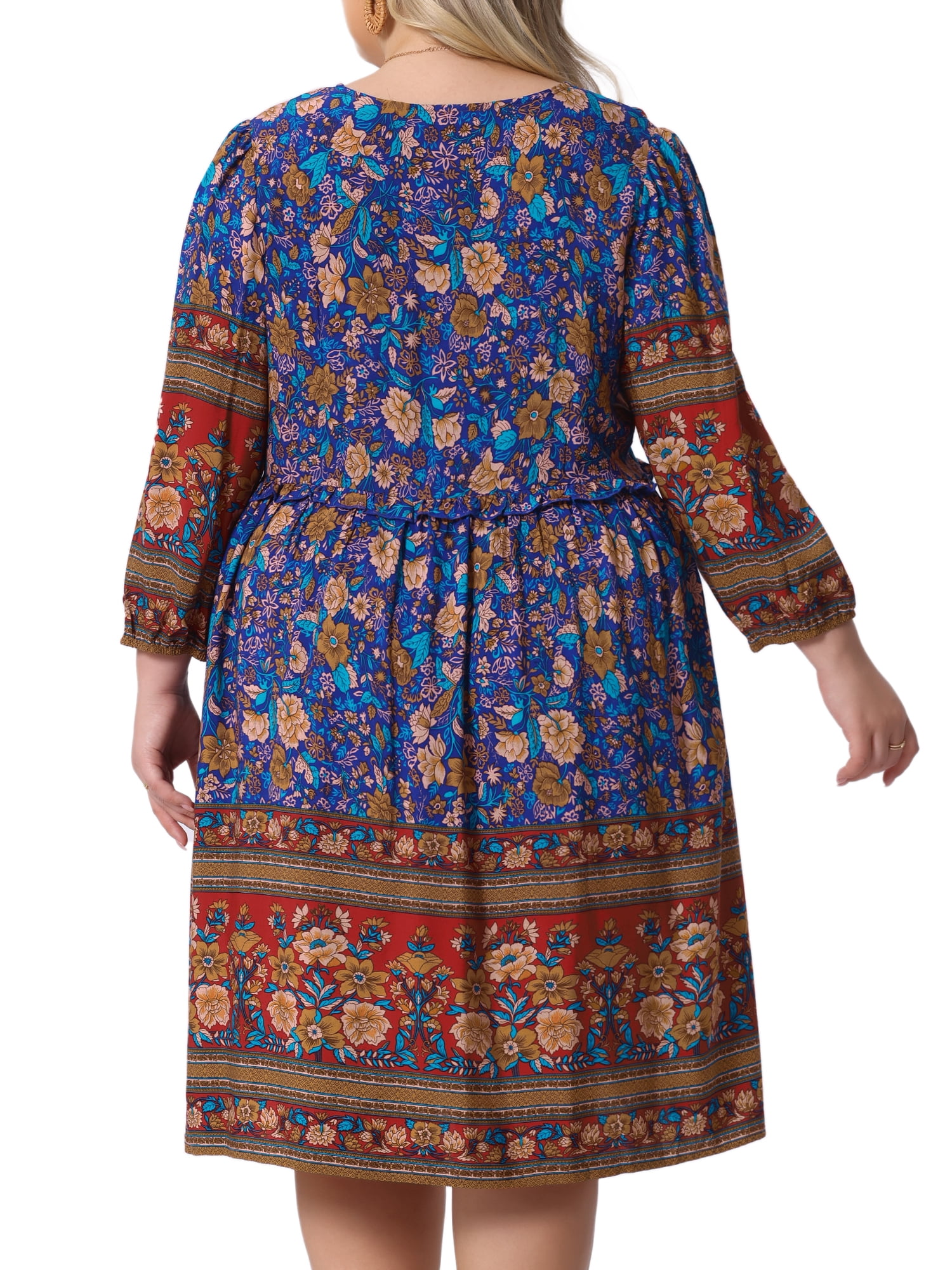 DARING DIVA Women's Plus Size Casual Boho Floral V Neck 3/4 Sleeve Dress 2X Red Blue