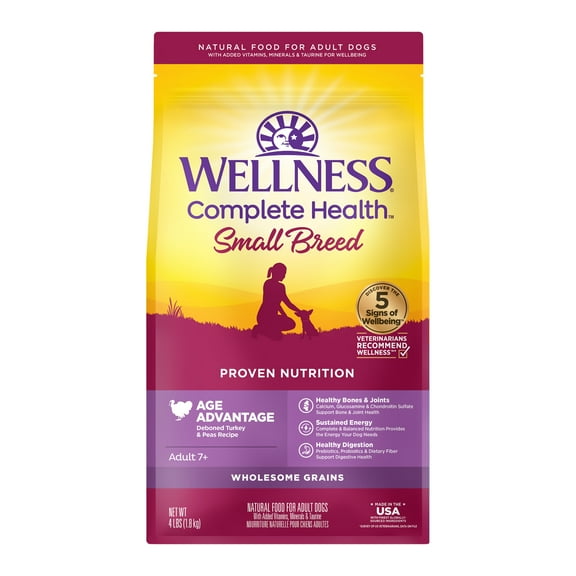Wellness Complete Health Natural Small Breed Senior Dry Dog Food, Turkey & Peas, 4-Pound Bag