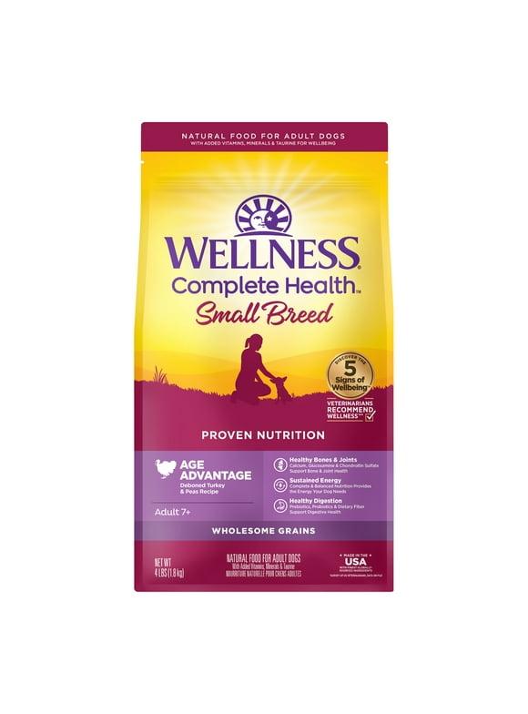 Wellness Complete Health Natural Small Breed Senior Dry Dog Food, Turkey & Peas, 4-Pound Bag