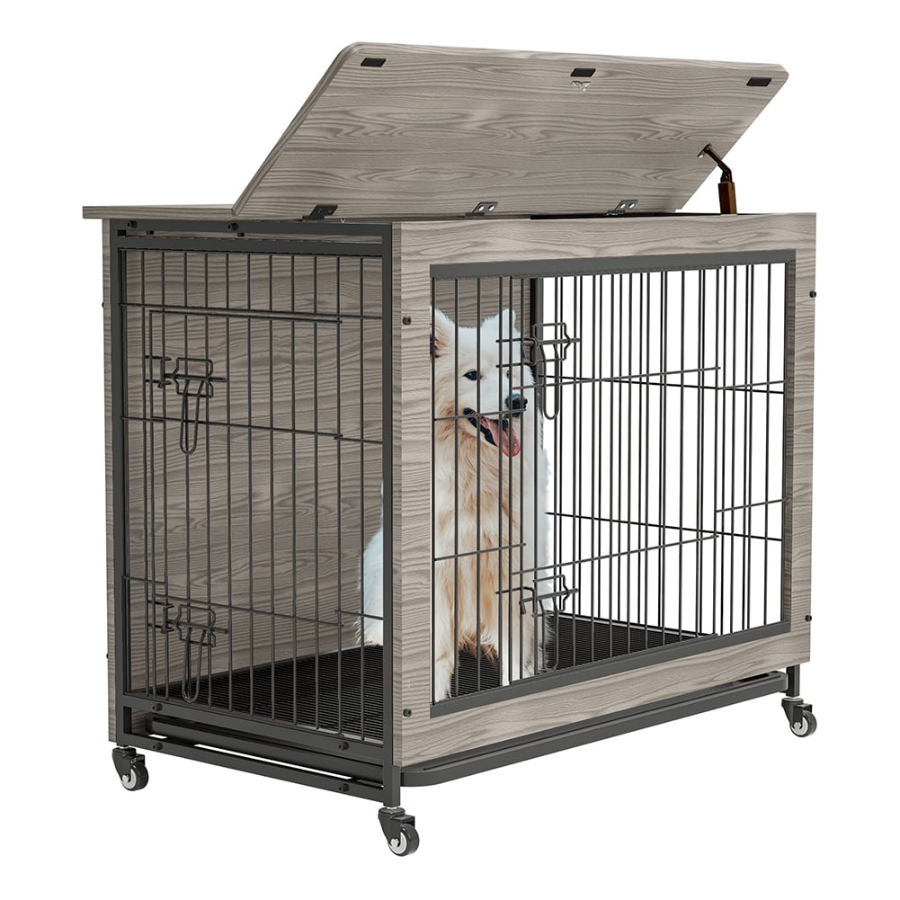 Kadyn 38 inch Wooden Dog House with Double Doors, Dog Crate Furniture, Heavy-Duty Dog Cage End Table with Multi-Purpose Removable Tray, Modern Dog Kennel Indoor for Dogs up to 70lb, Gray Kadyn 38 inch Wooden Dog House with Double Doors, Dog Crate Furniture, Heavy-Duty Dog Cage End Table with Multi-Purpose Removable Tray, Modern Dog Kennel Indoor for Dogs up to 70lb, Gray
