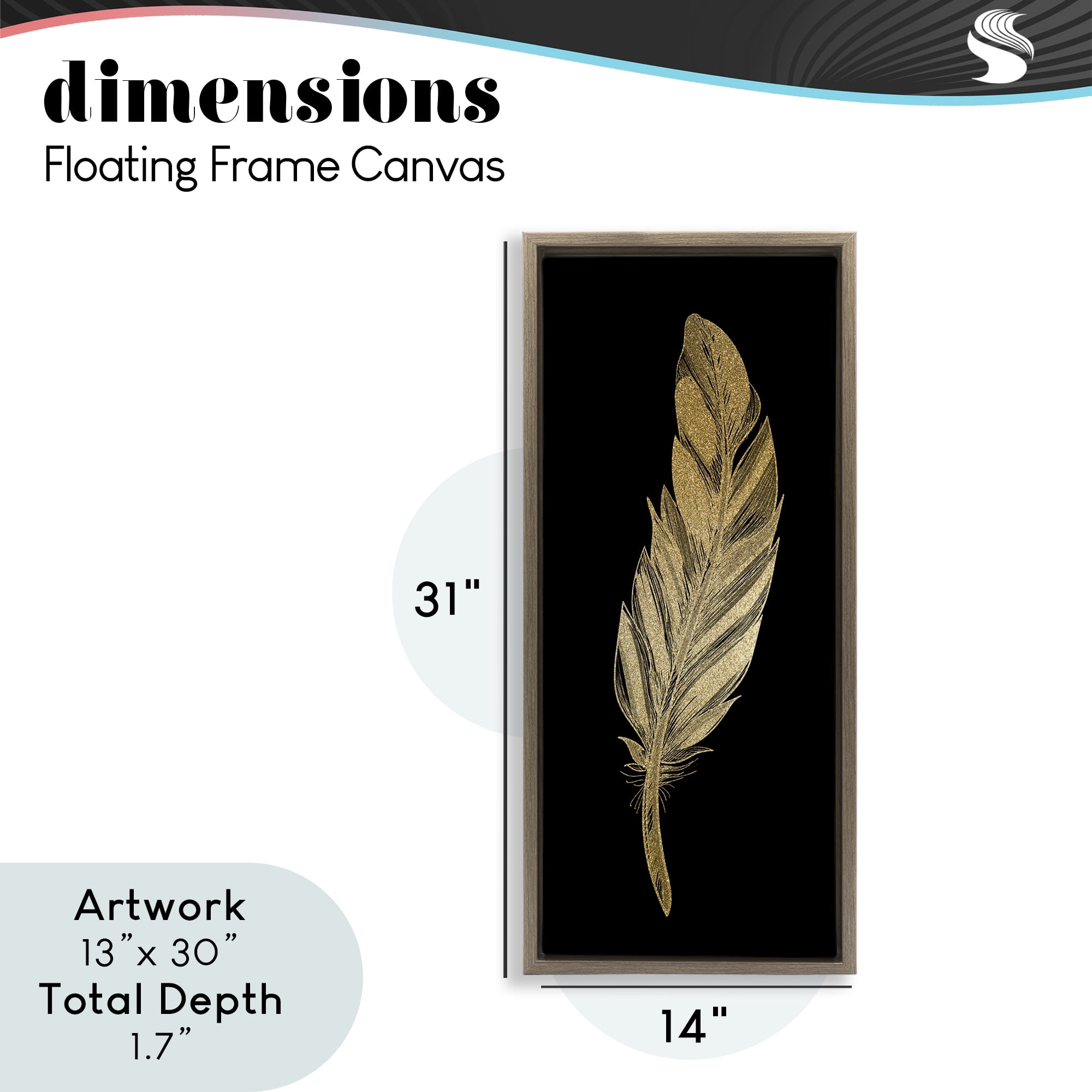 Glam Feather Black & Gold Brown Framed Floater Canvas Wall Art, design by Kim Allen