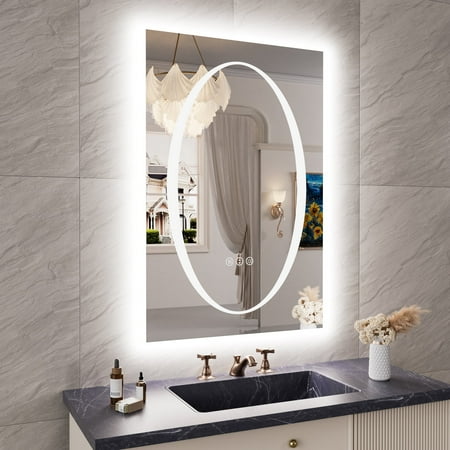 Double-layer LED Bathroom Mirror 24x36 Inch Wall Mirrors with Anti-Fog Vanity Mirror  Shatter-Proof Memory Makeup Mirror with LED Lights