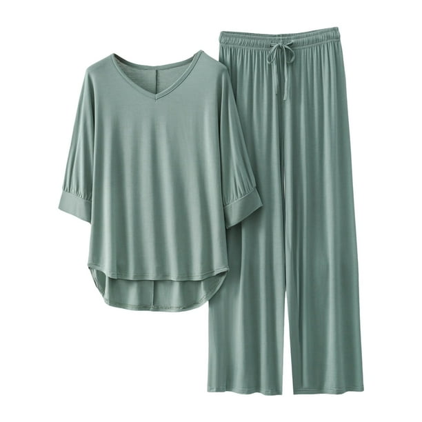 Conjunto de pijama de manga 3/4 para mujer: top con cuello en V y pantalones con cintura elástica, tejido de poliéster, ropa informal para estar por casa - Tallas L/XL