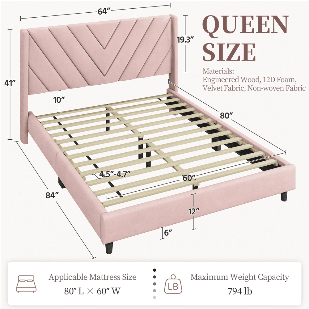 Renwick Queen Size Upholstered Platform Bed Frame with Tufted Headboard, Pink, Adult