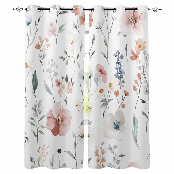 Pink Floral Blackout Curtains 45 Inches Long for Bedroom, Farmhouse Watercolor Spring Flowers Herbs Thermal Insulated Room Darkening Black Out Window Curtain Panels Grommet Drapes for Living Room