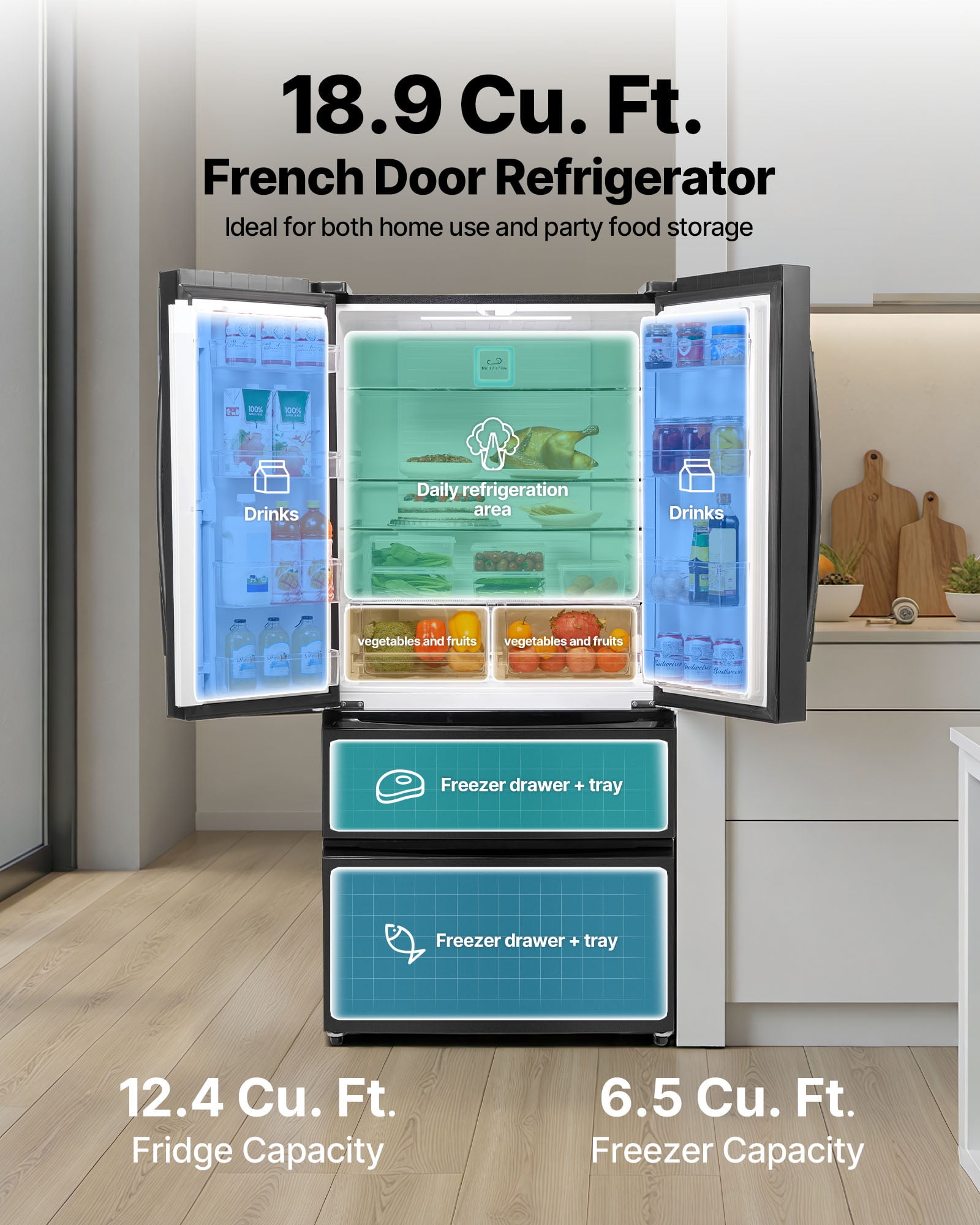 VEVOR French Door Refrigerator, 18.9 Cu. Ft. Kitchen Fridge,Counter Depth French Refrigerator with LED Display and 4 Casters,Frost-Free Bottom Freezer Refrigerators for Home & Commercial Use,Black
