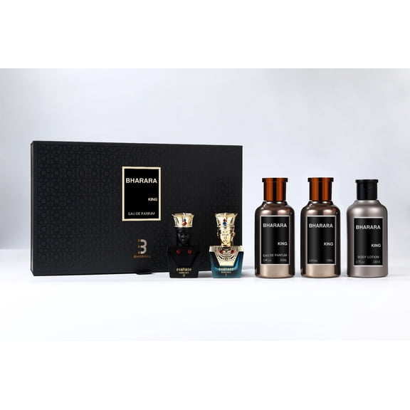Set-Bharara King M 5pc. Set 3.4 edp spr/ 3.4 after shave/ 6.7 lotion/ .34 Ramesses I parfum/ .34 Ramesses II parfum