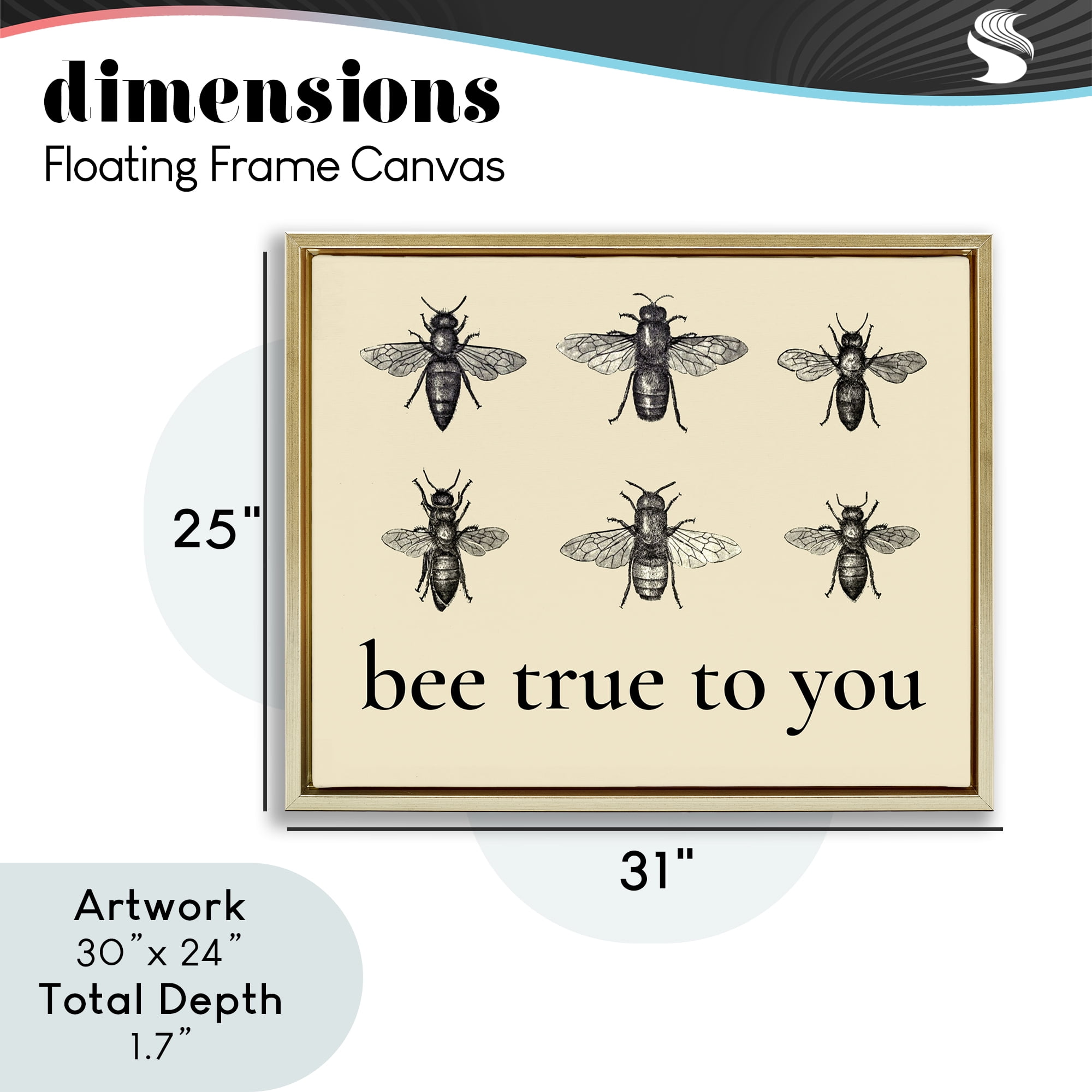 Bee True To You Inspiration Gold Framed Floater Canvas Wall Art, design by Lettered and Lined