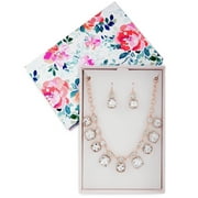 18.5" adjustable rose gold plated rounded crystal square station mini statement necklace with matching ears.