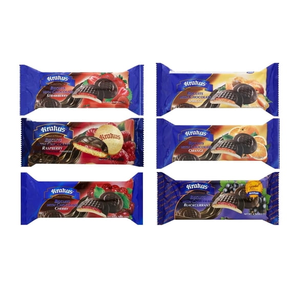 KRAKUS DELICJE 6 PACK - Variety Pack European Jaffa Biscuits Strawberry, Orange, Raspberry, Apricot, Cherry Blackcurrant Filling -5.29oz/each