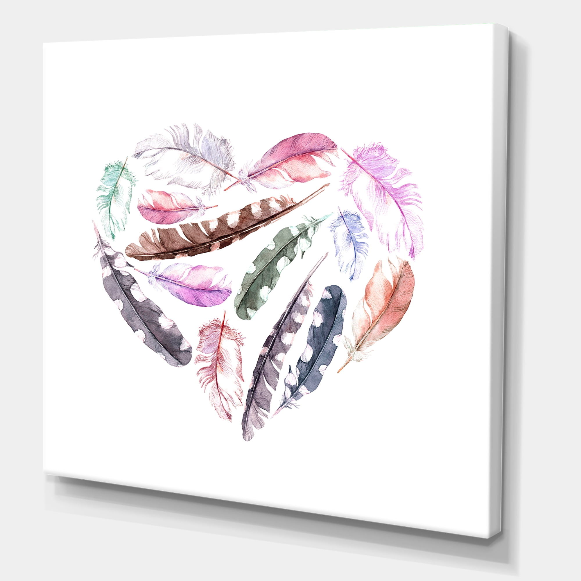 Designart ' Retro Pink Bird Feathers With Heart ' Bohemian & Eclectic Canvas Wall Art Print