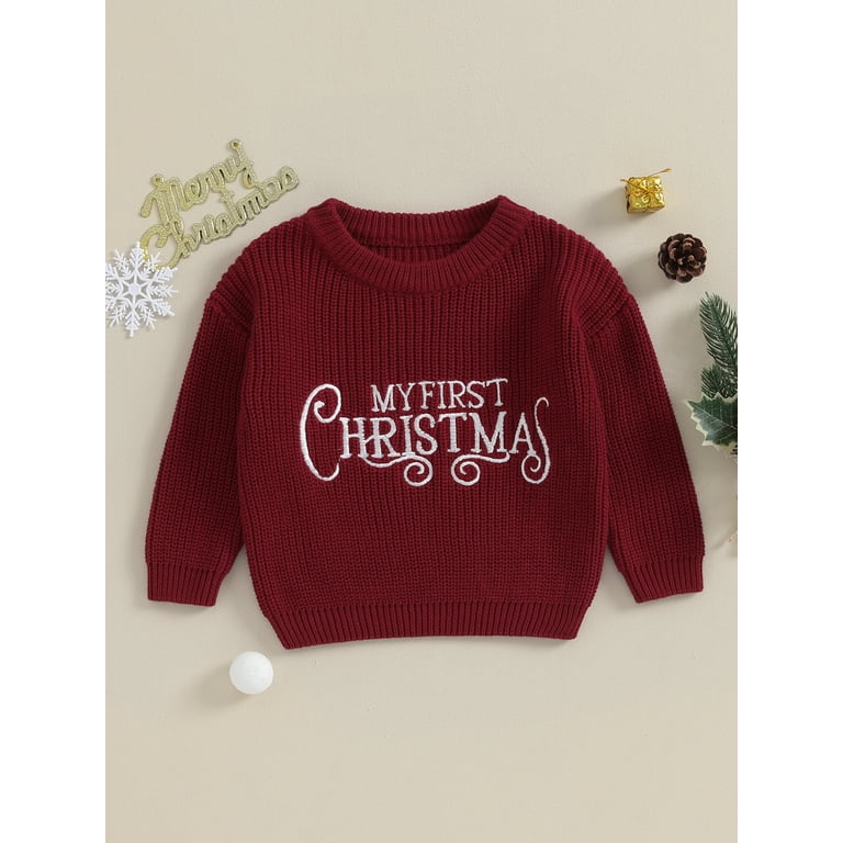 IMISSILLEB Baby Girls Christmas Knit Sweater My First Christmas Beige Long Sleeve Letter Print Pullover Knitwear Infant Fall Clothes Infant Girl s Size 18 24