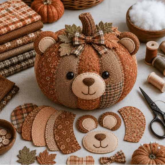 DIY Animal Pumpkin Sewing Kit, Fall Farmhouse Fabric Pumpkin Handmade Craft Set for Halloween Thanksgiving Home Decor (Bear)