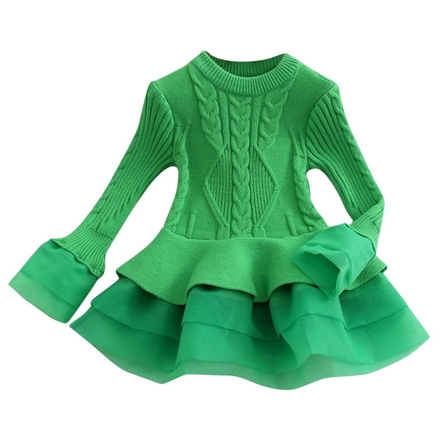 Odeerbi Vestido de Niña Suéter Otoño Invierno Algodón Vestido de Punto Color Sólido Manga Larga Vestido de Punto Malla Vestido de Tul