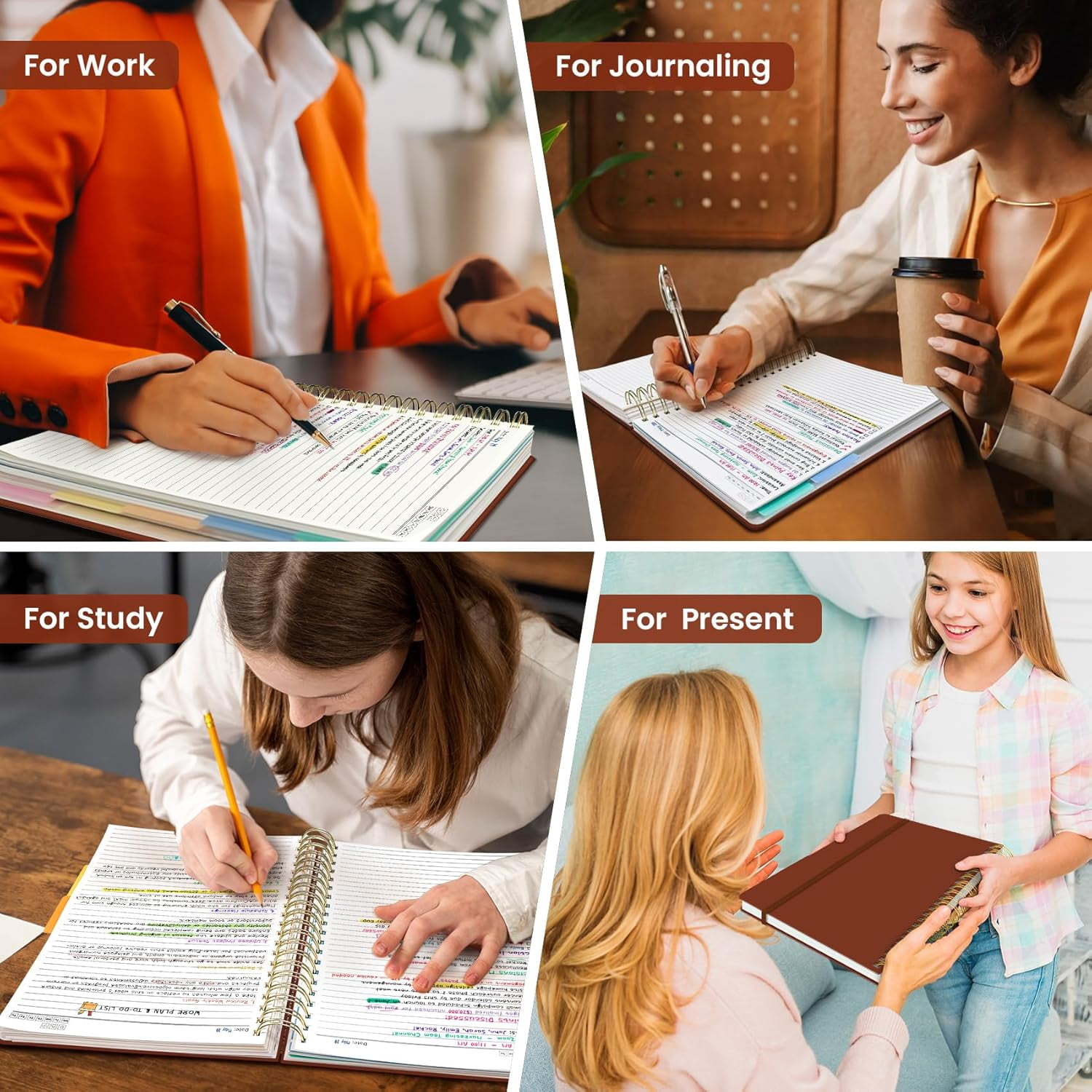 Hardcover Spiral Journal Notebooks for Work With Removable Dividers & Tabs, 8.5"x11" 5 Subject Notebook for Note Taking & Organizer, A4 College Ruled Lined Journal for Women & Writing, Rust Brown