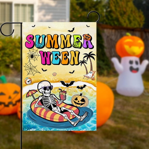 2026 New Summerween Decorations Garden Flag Spooky Halloween Pool Party Tropical Gothic Skeleton Ghost Lawn Yard Patio Front Outdoor Decor