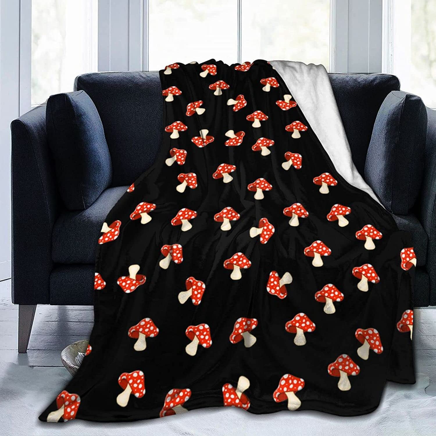 Mushroom Blanket All Season Throw Blanket Black Cute Cartoon Mushrooms