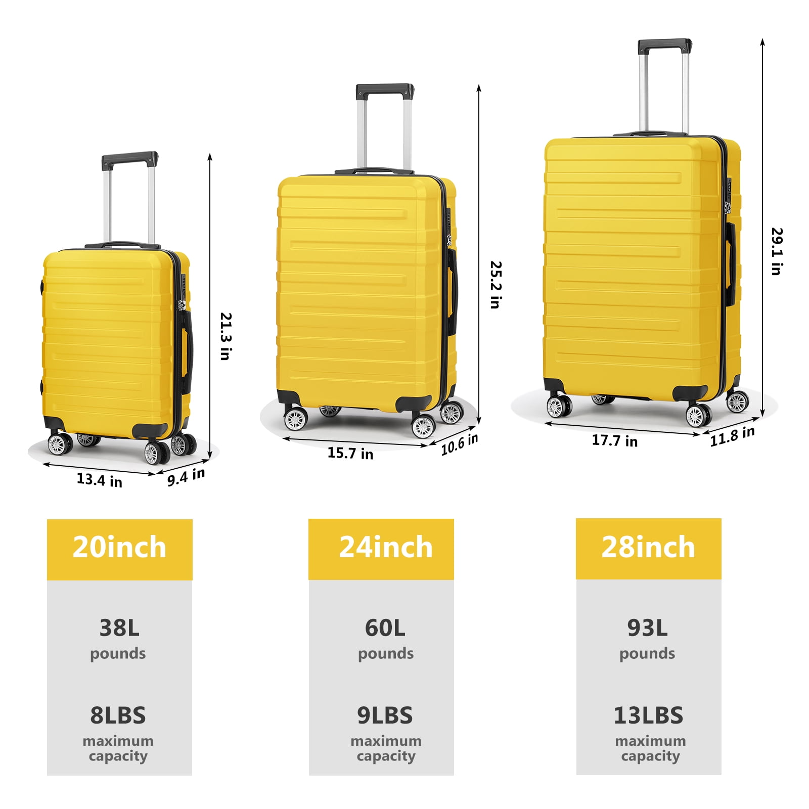 Hikolayae Luggage Sets Hardside Spinner with TSA Lock in Yellow, 3 Piece