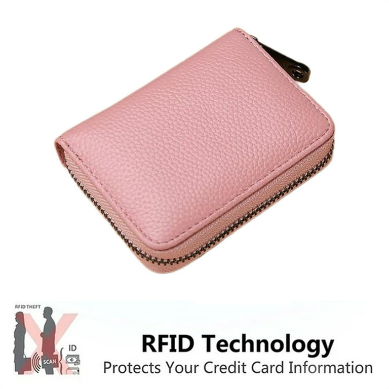 RFID Card Slots Credit Card Holder Leather Accordion Card Case Small Wallet  for Women or Men with Zipper-Pink