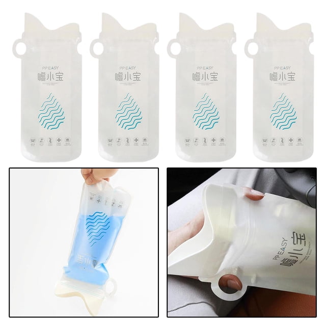 bolsas de desechables unisex de 24 oz paquete de 4, bolsa para acampar y orinar 700 ml, vista frontal de cuatro bolsas blancas con gráfico azul, apertura superior con anilla y base plegable; primeros planos muestran gel absorbente azul en su interior y la salida para verter, diseñada para uso sentado o de pie y también suele usarse como bolsa para vómito en viajes y emergencias.