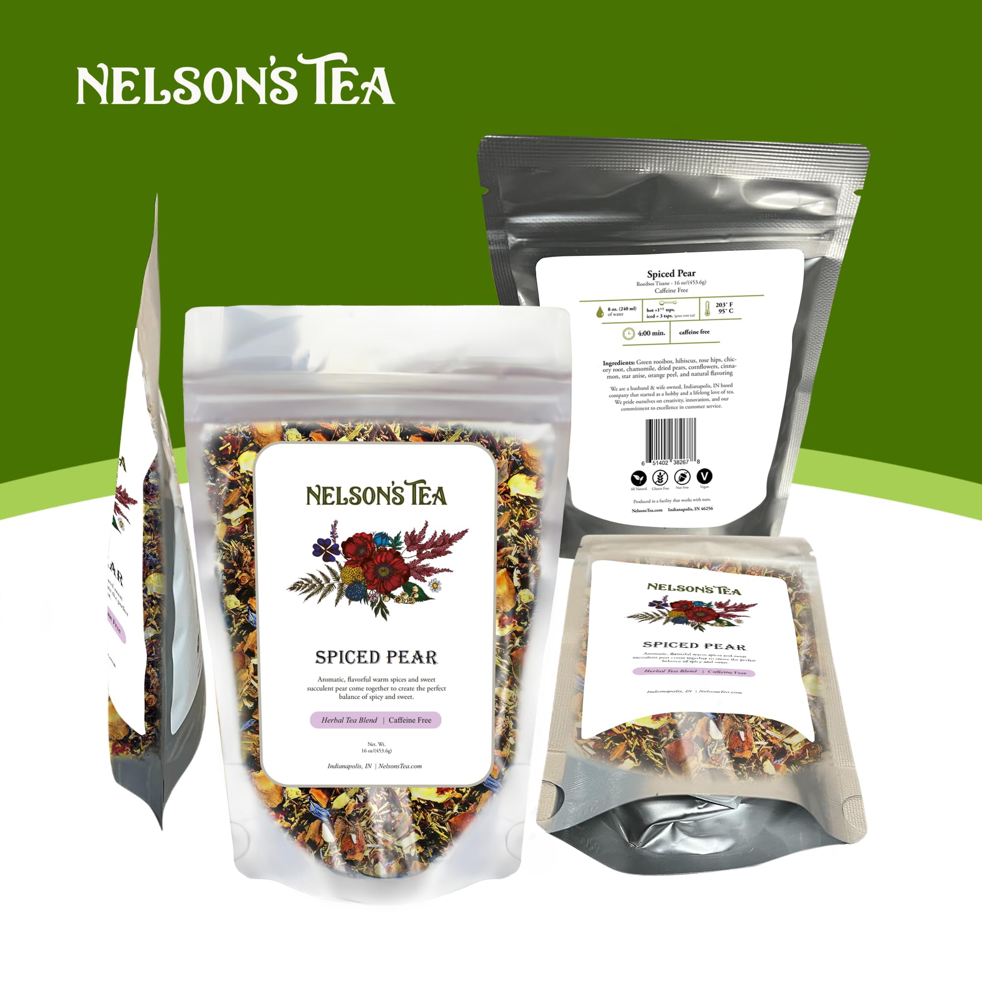 Nelson's Tea - Spiced Pear Loose Leaf Tea-Blend of Green Rooibos, Hibiscus, Rose Hips, Chicory Root, Chamomile, Dried Pears, Cornflowers, Cinnamon, Star Anise, Orange Peel, and Natural Flavors- 16oz