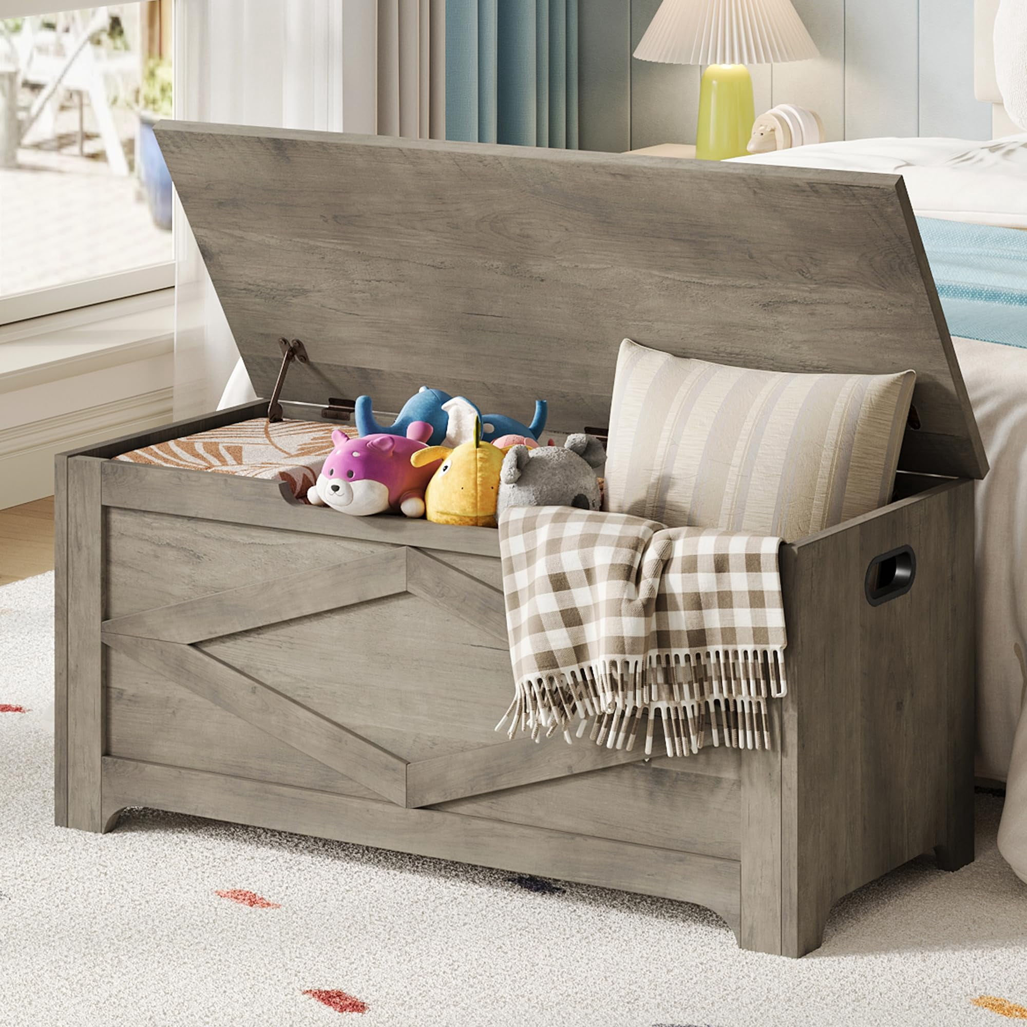 Juiluna 39.4" Storage Chest, Wooden Storage Bench with Safety Hinges, Easy Assembly, Large Toy Chest for Entryway, Living Room, Bedroom