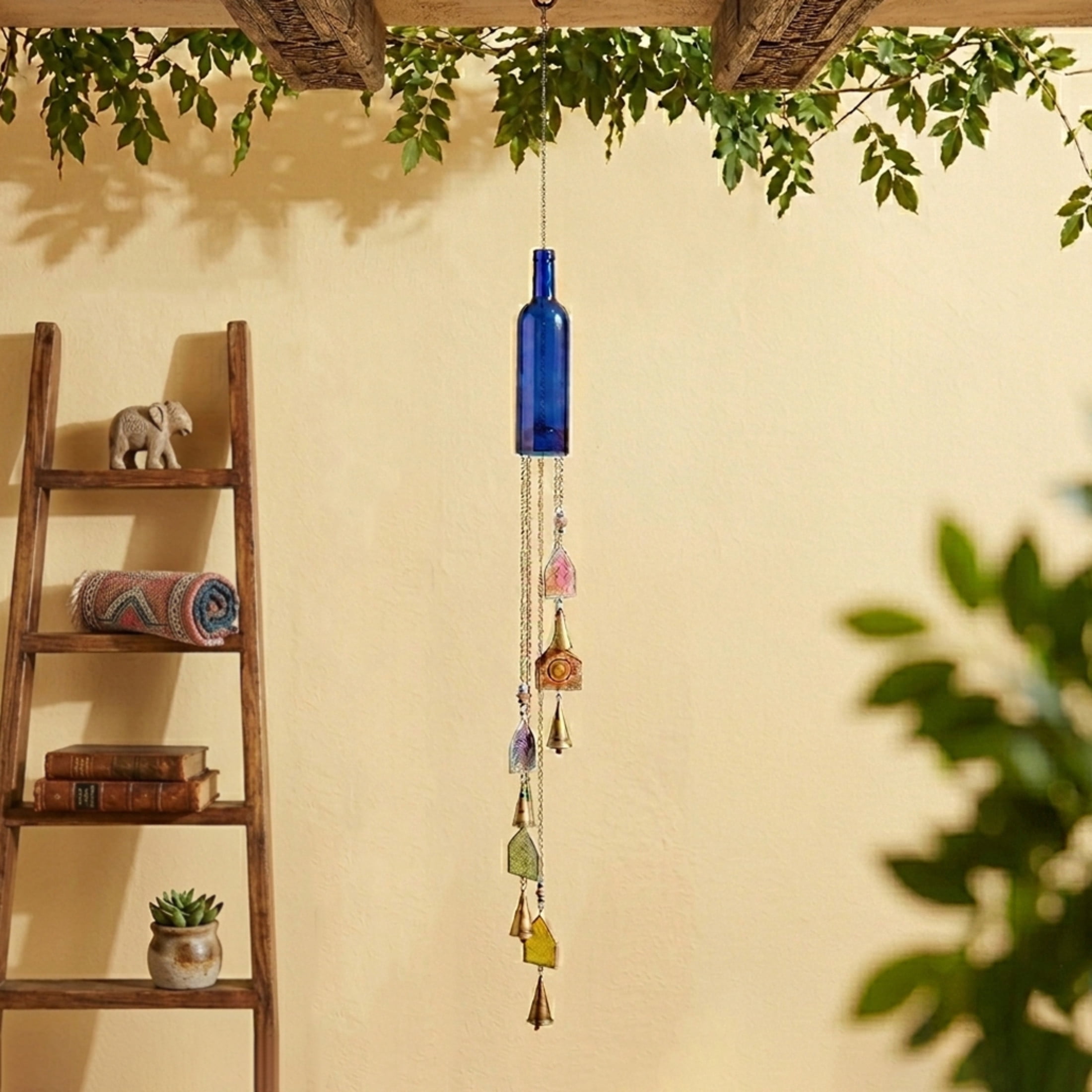 DecMode 45" Blue Glass Handmade Bottle Nautical Windchime with Beads and Cone Bells