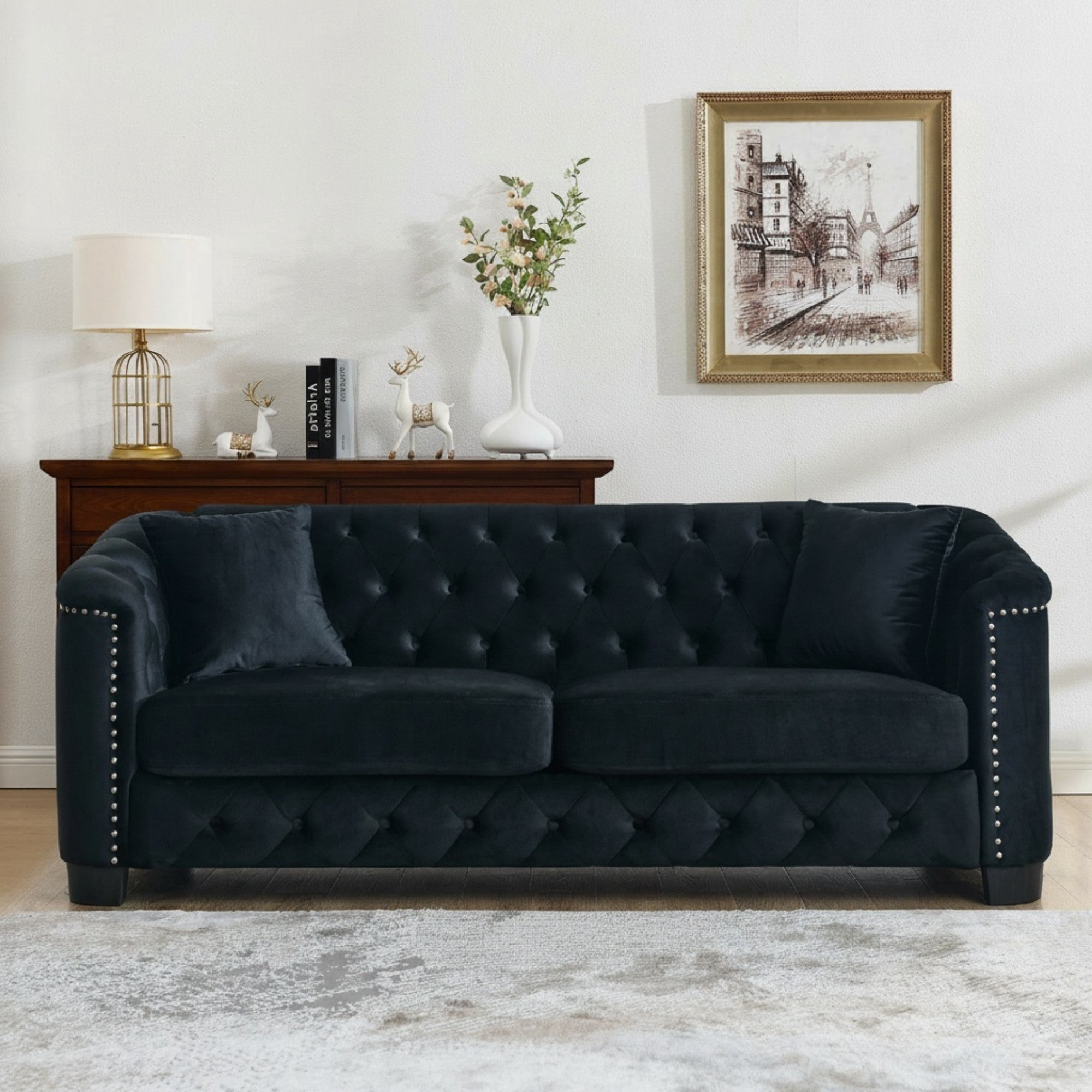Sailvan 77" Modern Chesterfield Velvet Sofa, 3-Seater Tufted Upholstered Couch with Nailhead Trim & 2 Pillows for Living Room, Office Black