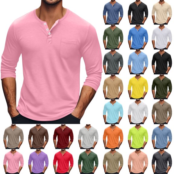 Ndbuld Mens Henley Big And Tall Shirts Long Sleeve Pullover Tops , Pocket Spring/Winter Crew Neck Shirts for Men Solid Pink M