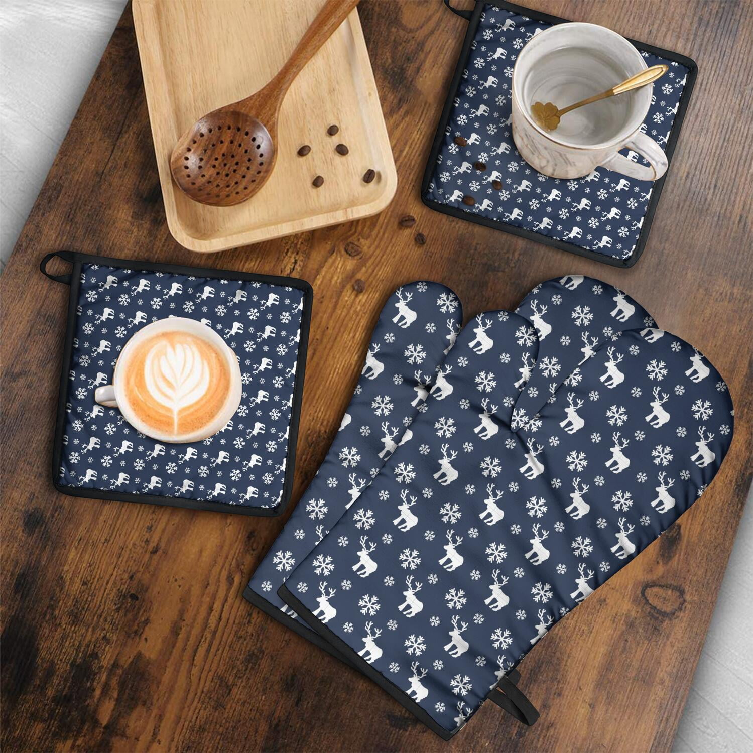 Oven Mitts and Pot Holders Set Of 4, Heat Resistant Kitchen Gloves with Non-Slip Grip, Hanging Loop, Soft Cotton Lining for Baking, Cooking, Grilling, Barbecue
