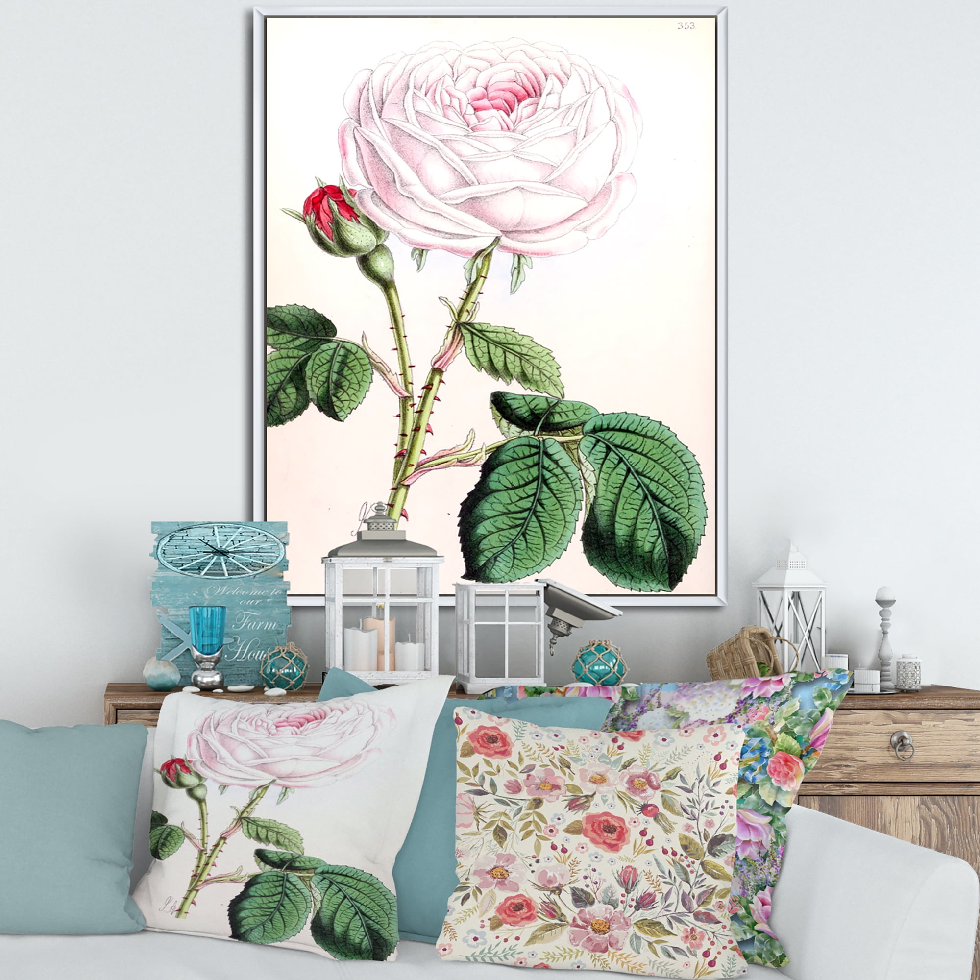 Ancient Pink Flower 30 in x 40 in Framed Painting Canvas Art Print, by Designart