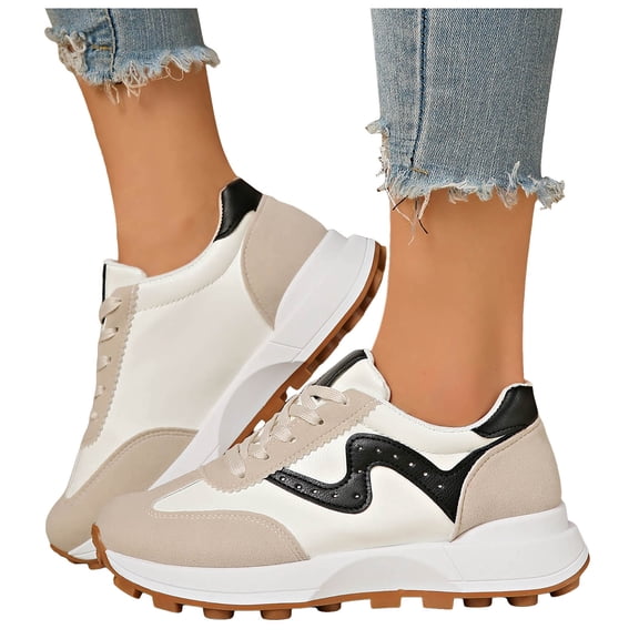 Rokment Womens Vintage Platform Fashion Sneakers Trendy Casual Color Block Suede Skate Shoes Comfortable Running Walking Tennis Non Slip Work Footwear Beige Size 6