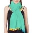 thumbnail image 2 of eloria Women's Wrap With Pom Pom Trim Cotton Stole Color: Sea Green, 2 of 4