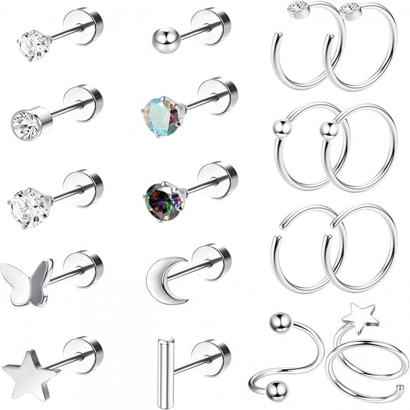 DESIGNICE 18Pcs Titanium Earrings for Sensitive Ears, Titanium Flat Back Earrings for Women, Star Moon Butterfly Hypoallergenic Flat Back Earrings, Helix Piercing Jewelry