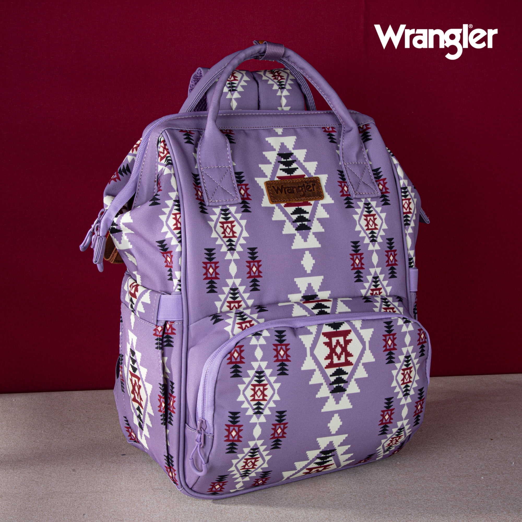 Wrangler Aztec Travel Backpack Baby Bag for Women with Stroller Strap and Side Bottle Pockets Organized Diaper Bag, Lavender