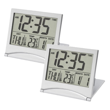 2Pcs Clearance Sale! Digital Travel Alarm Clock Foldable Calendar Temperature & Timer Lcd Clock With Snooze Mode Large Number Display Battery Operated Clock Practical Home Decor